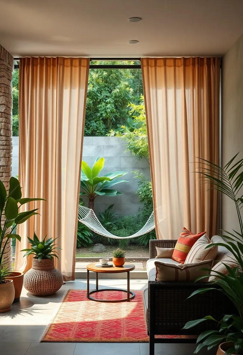 Earth-tone Curtains Surrounding a Hammock Space Integrated Within a Verdant Garden Nook