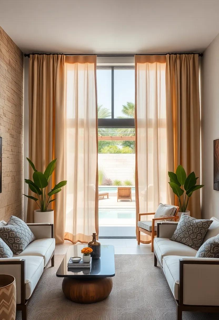 Elegant Beige Linen Curtains Framing a Modern Glass Patio Door with a Pool View