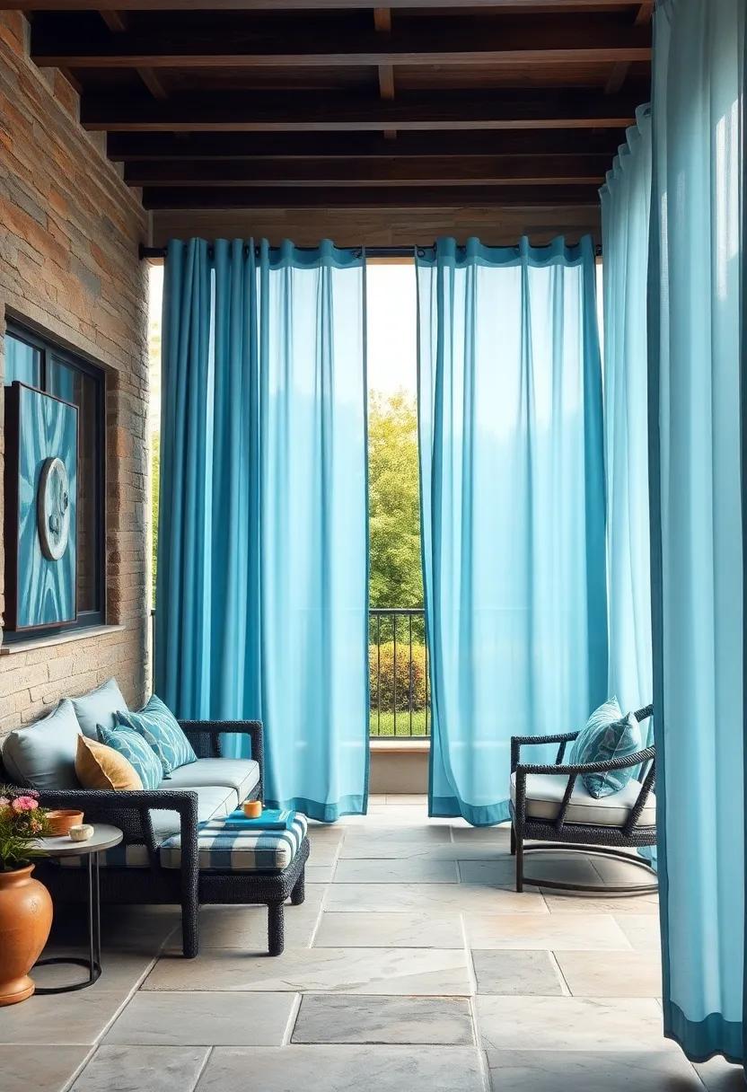Gentle Breeze Moving Through Translucent Sky Blue Curtains Over a Stone Patio