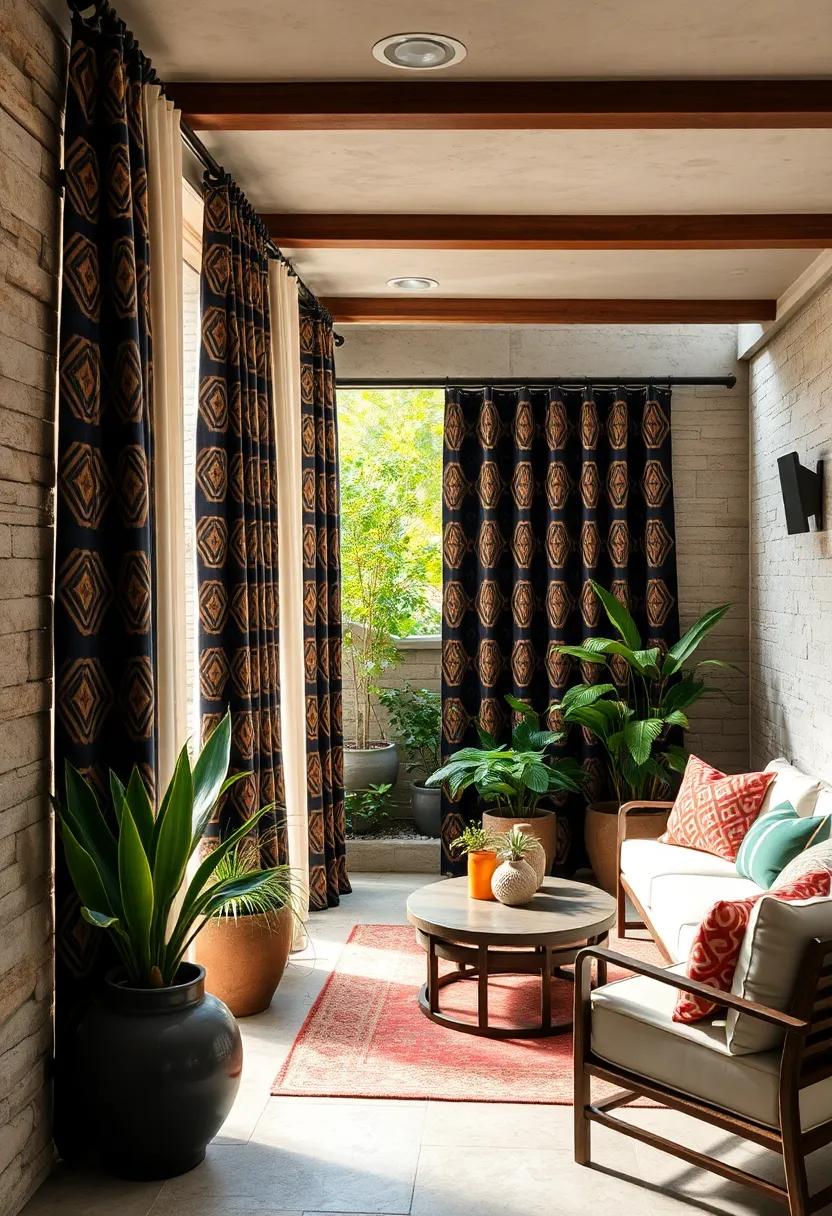 Heavily Patterned Outdoor Curtains with Geometric Motifs Adding Boldness to a Small Patio