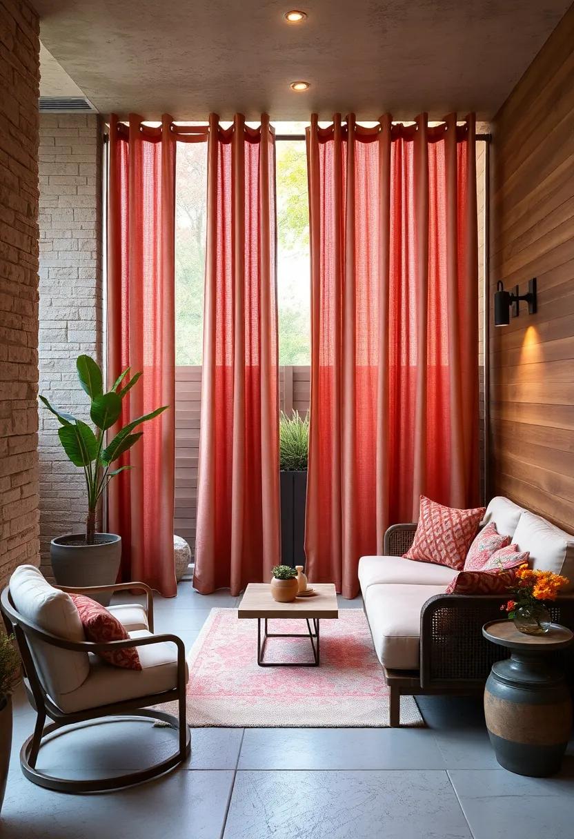 Layered Curtain Fabrics Creating Depth and Texture Against a Wood-paneled Outdoor Wall