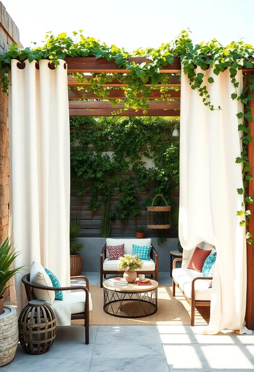 Light Linen Curtains Paired with Rustic Wooden Poles Under a Pergola Wrapped in Vines