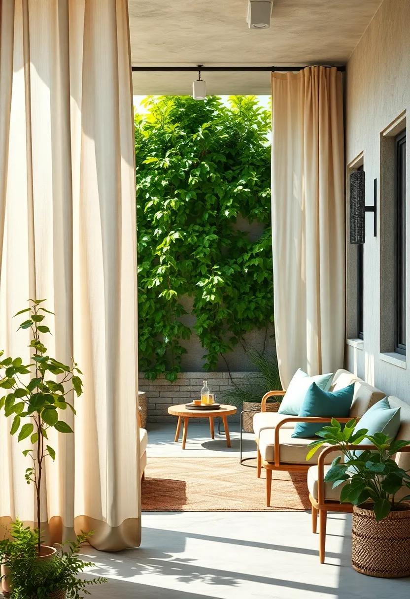 Lush Green Vines Peeking Through Soft Flowing Outdoor Curtains on a Sunlit Patio