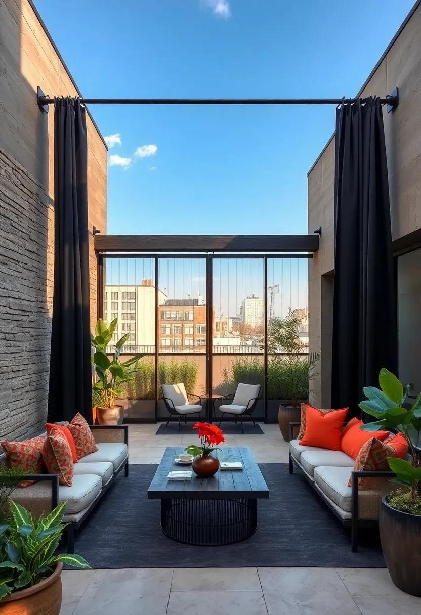 Modern Steel Rods Holding Sleek Black Outdoor Curtains in an Urban Rooftop Garden