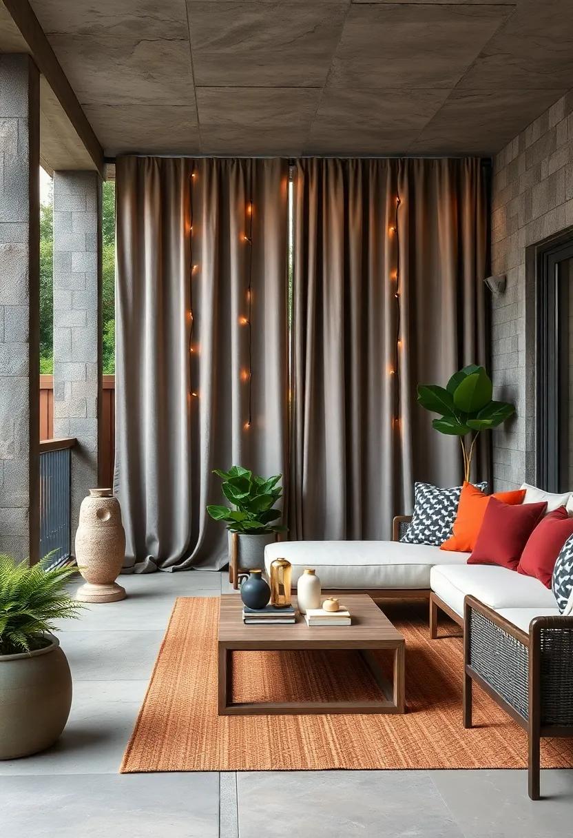 Muted Gray Curtains Hosting Delicate Fairy Lights Along a Contemporary Deck Space