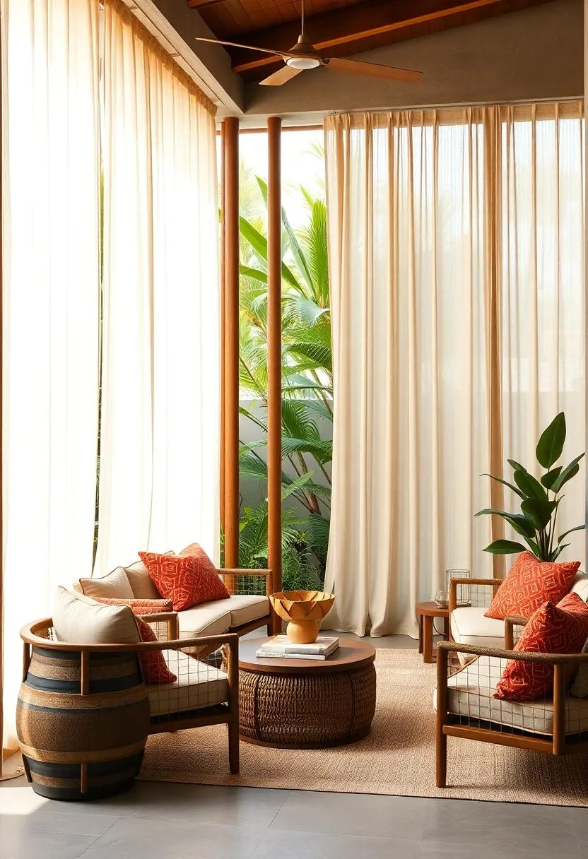 Natural Bamboo Poles Supporting Rustic Earth-toned Curtains in a Tropical Backyard