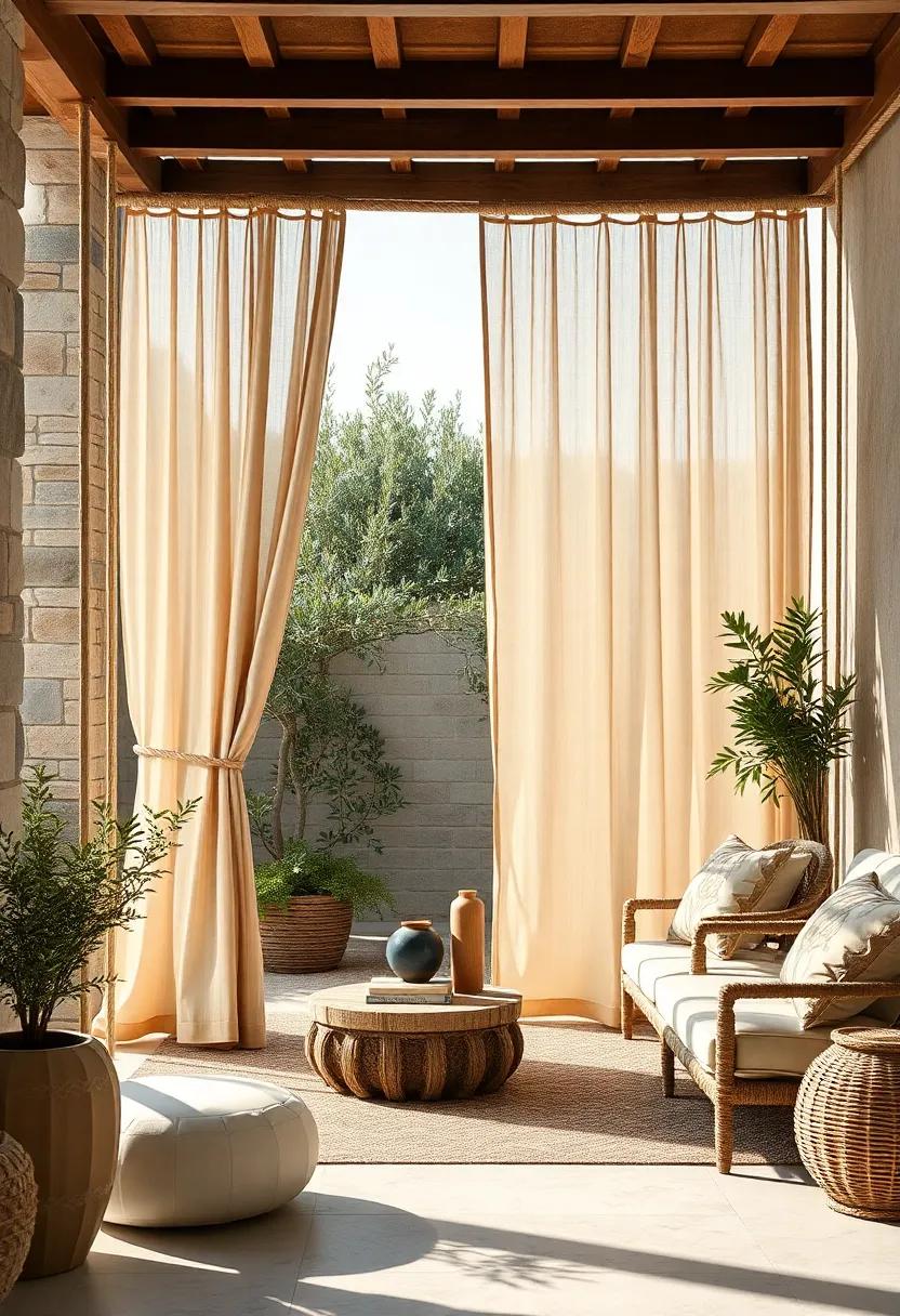 Natural Fiber Curtains Hanging from Twisted Rope Rods Amidst Mediterranean Olive Trees