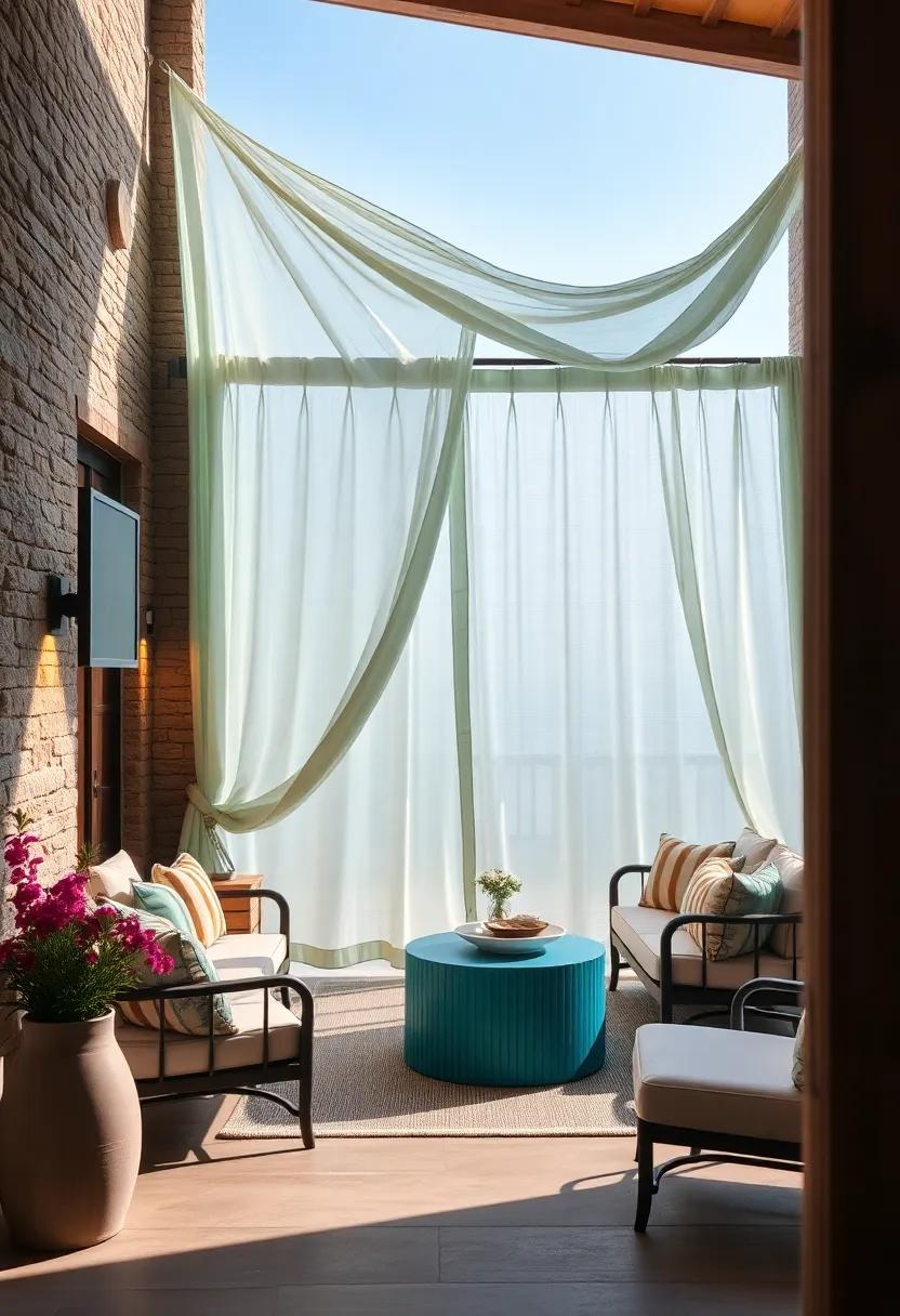Seaside Breeze Tossing Pale Aqua Curtains Above a Nautical-themed Outdoor Lounge Area
