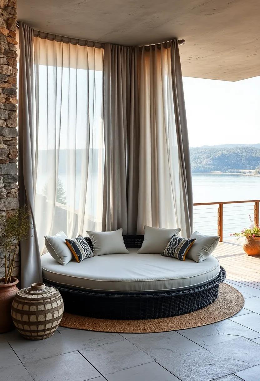 Soft Gray Curtains Gently Swirling Around a Circular Daybed on a Scenic Lakeside Deck