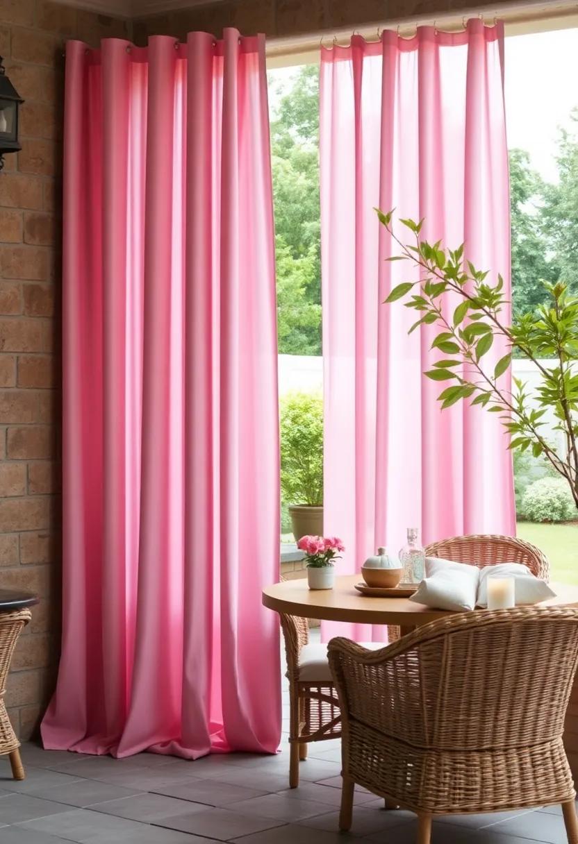 Soft Pink ombré Curtains Flowing in Gentle Wind Around a Vintage Wicker Patio Set