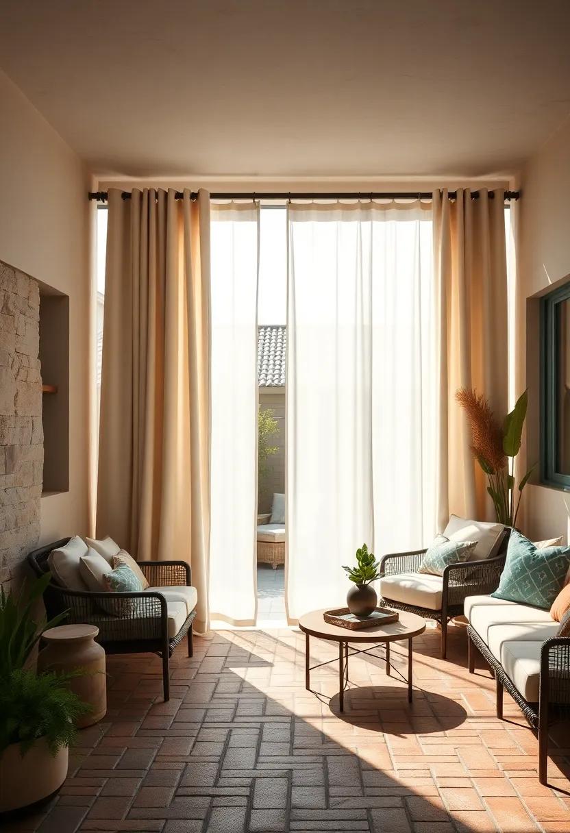 Sun-Dappled Patio with Tall Off-White Curtains Casting Gentle Shadows Over Brick Floor