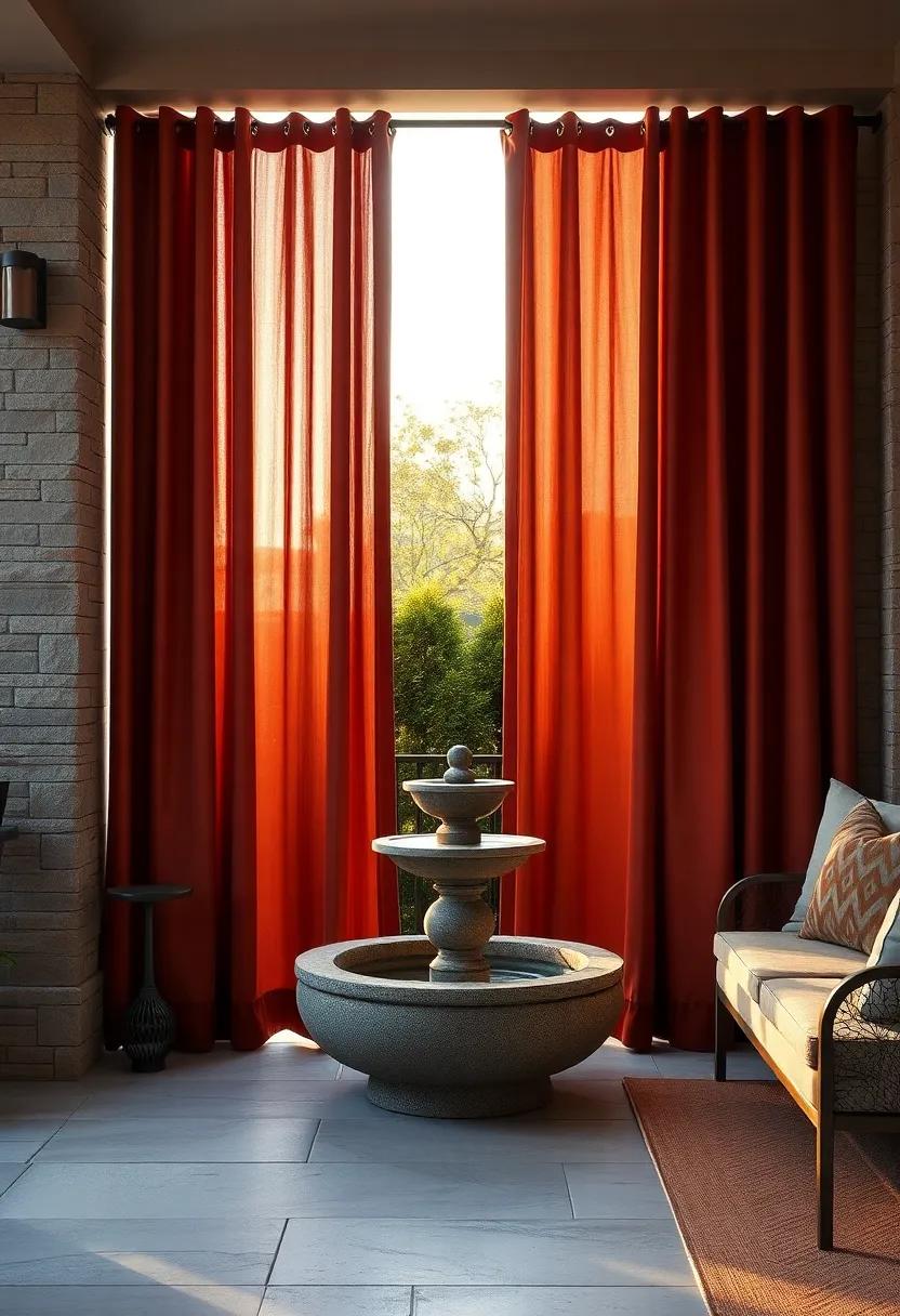 Tall Rust-colored Curtains Poised Elegantly Alongside a Stone Fountain in the Evening Glow