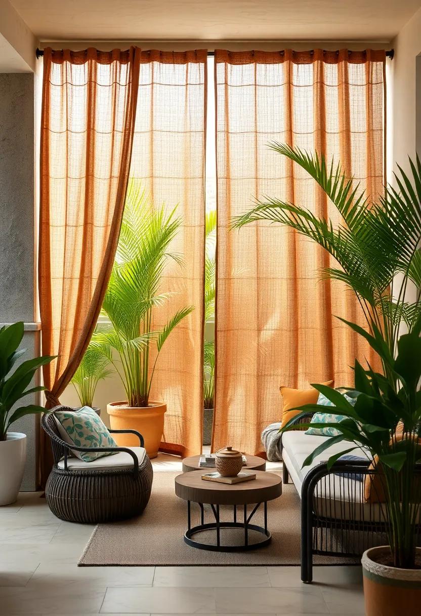 Textured Burlap Curtains Set Against Lush Potted Palms Creating a Tropical Hideaway Feel