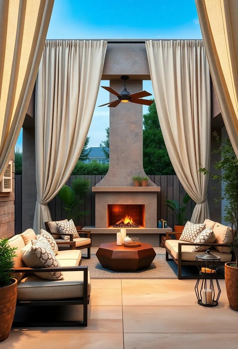 Voluminous Curtains in Cream and Taupe Framing an Inviting Outdoor Fireplace Retreat