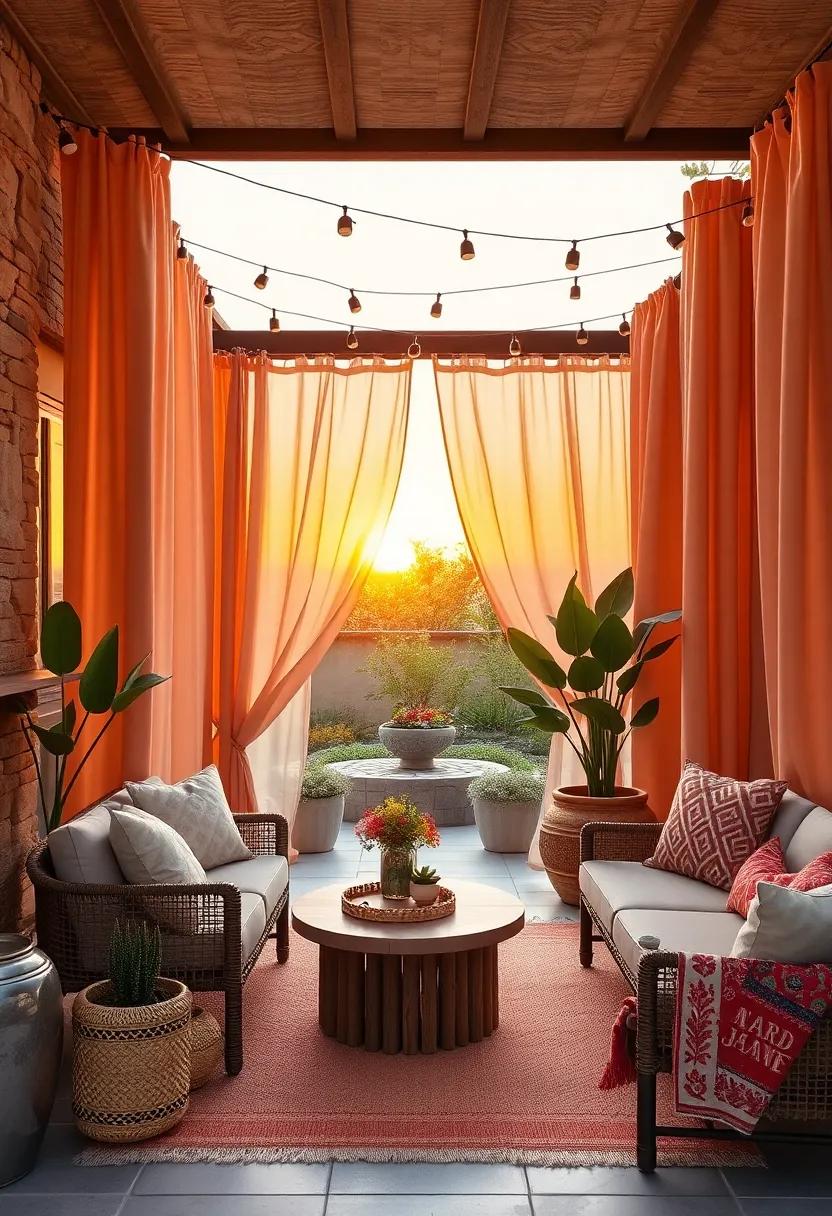 Warm Sunset Reflecting Off Soft Peach Curtains Amidst a Bohemian Style Patio Setup