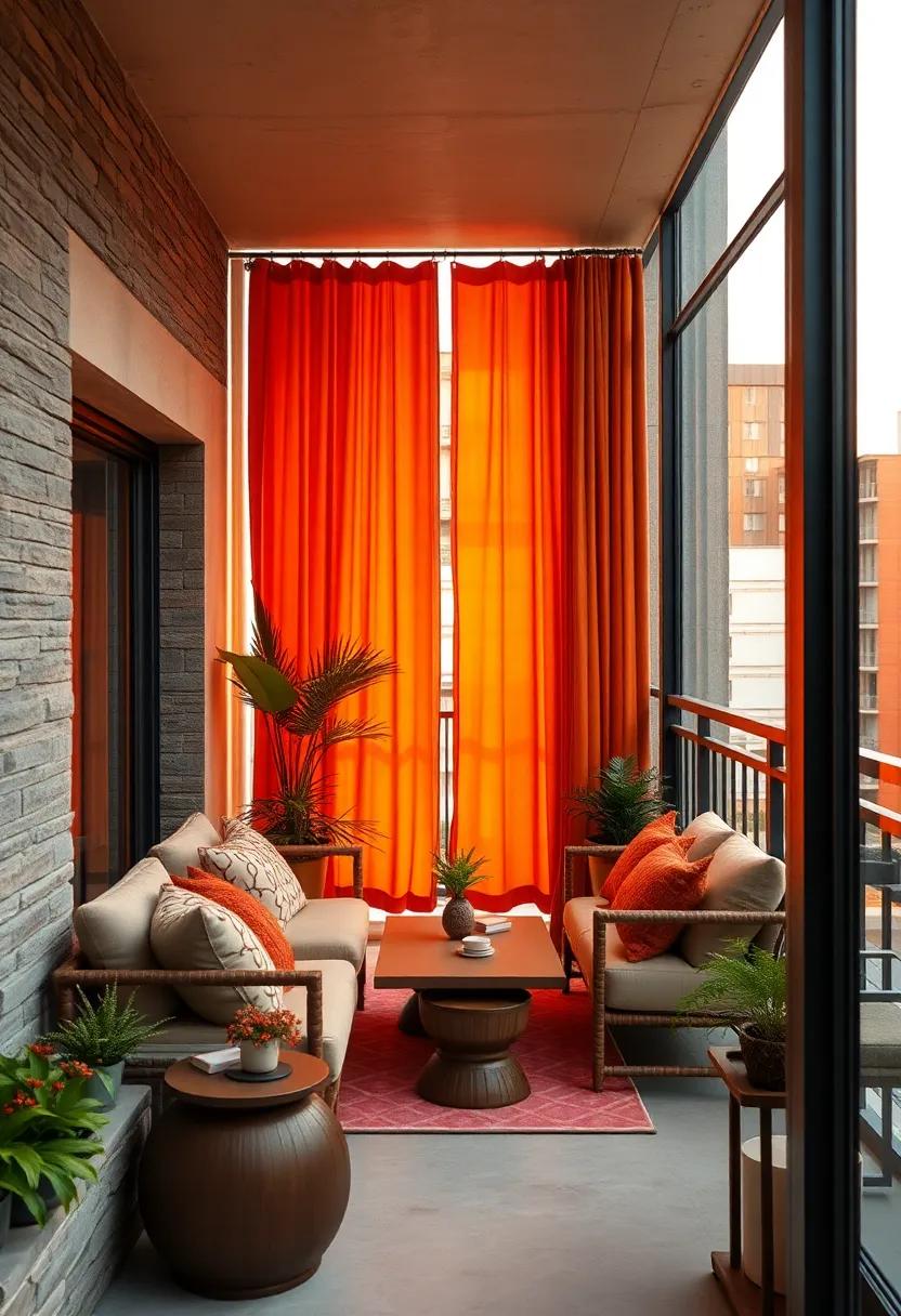 Warm Amber Light Filtering Through Ochre Curtains Around a Compact Urban Balcony Space
