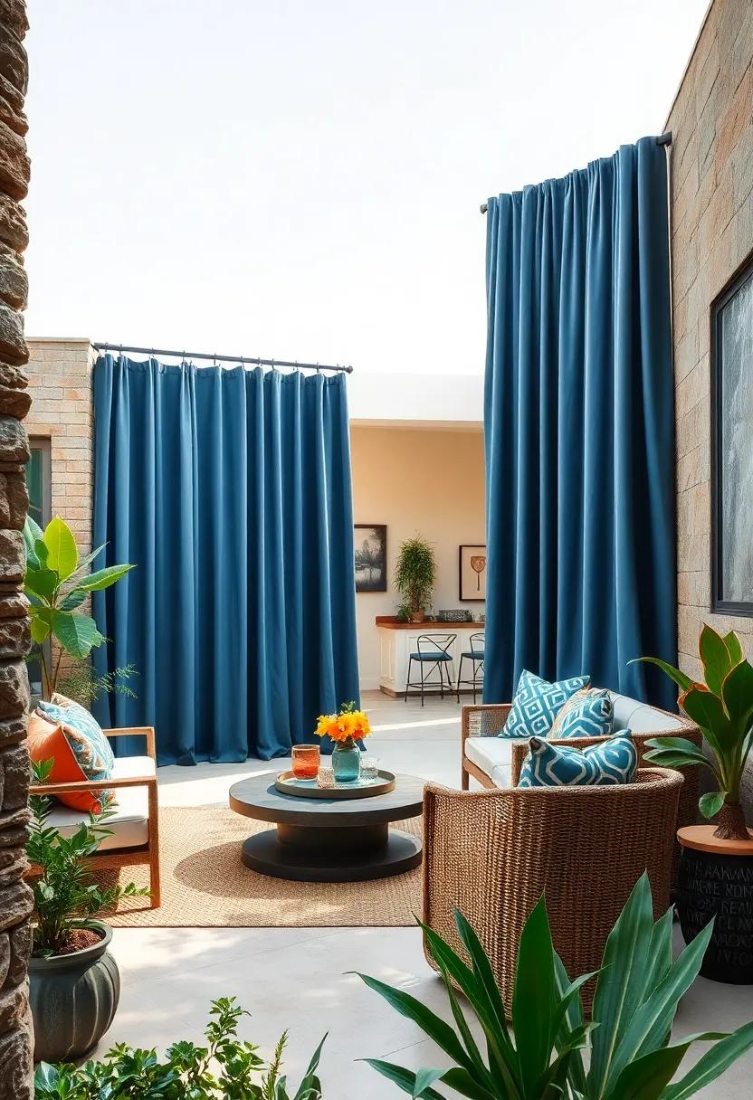 Wide Panels of Slate Blue Curtains Dividing an Open Patio for Privacy and Visual Interest