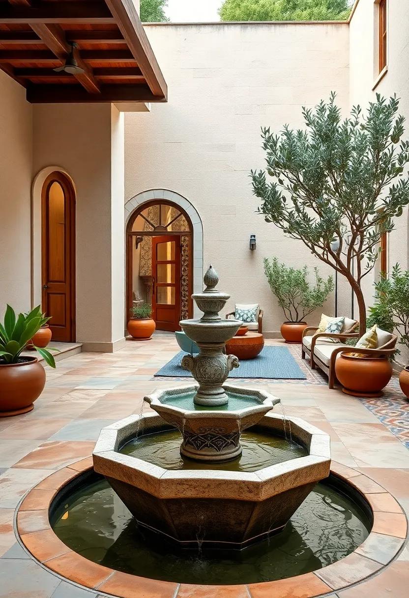 Charming Mediterranean Courtyard Highlighting Bold Ceramic Fountain with Colorful Tiles and Olive Trees