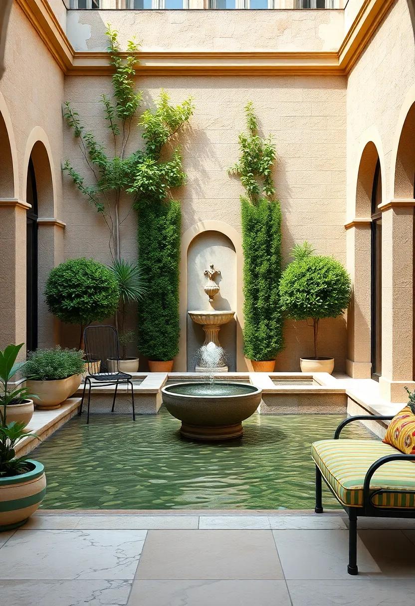 Classic Revival Courtyard with Elegant Wall-Mounted Fountain and Symmetrical Boxwood Hedges for Timeless Style
