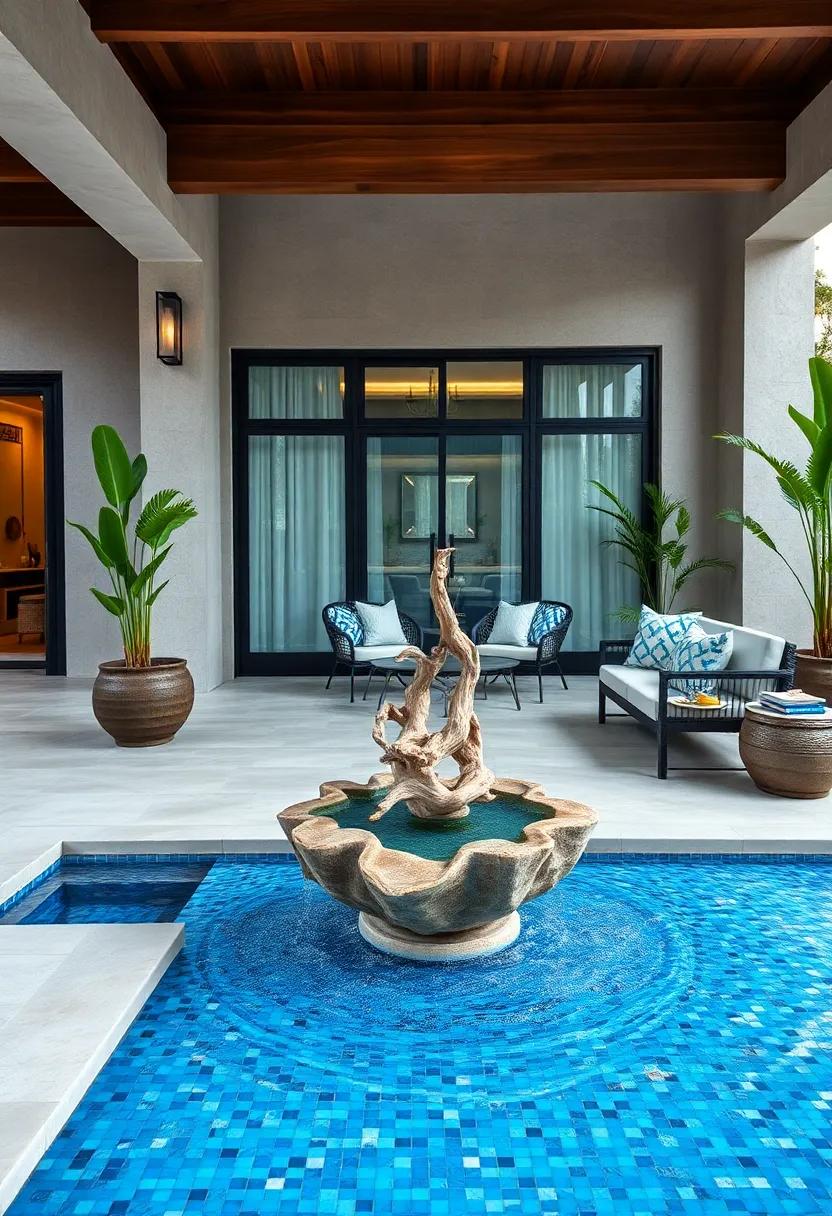 Coastal Inspired Outdoor Area Featuring Driftwood Fountain and Blue Mosaic Tiles Evoking Oceanic Vibes