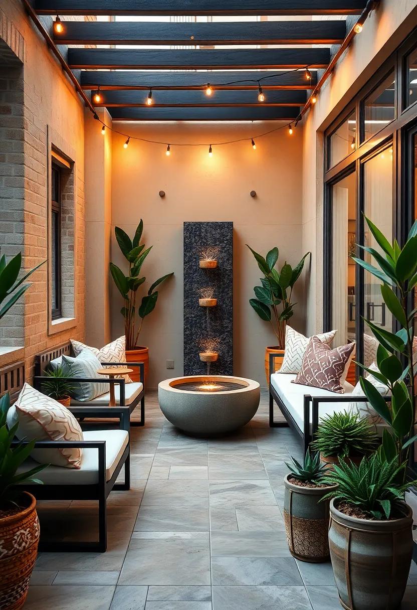 Compact Urban Balcony Adorned with Compact Vertical Fountain Paired with Potted Succulents and String Lights