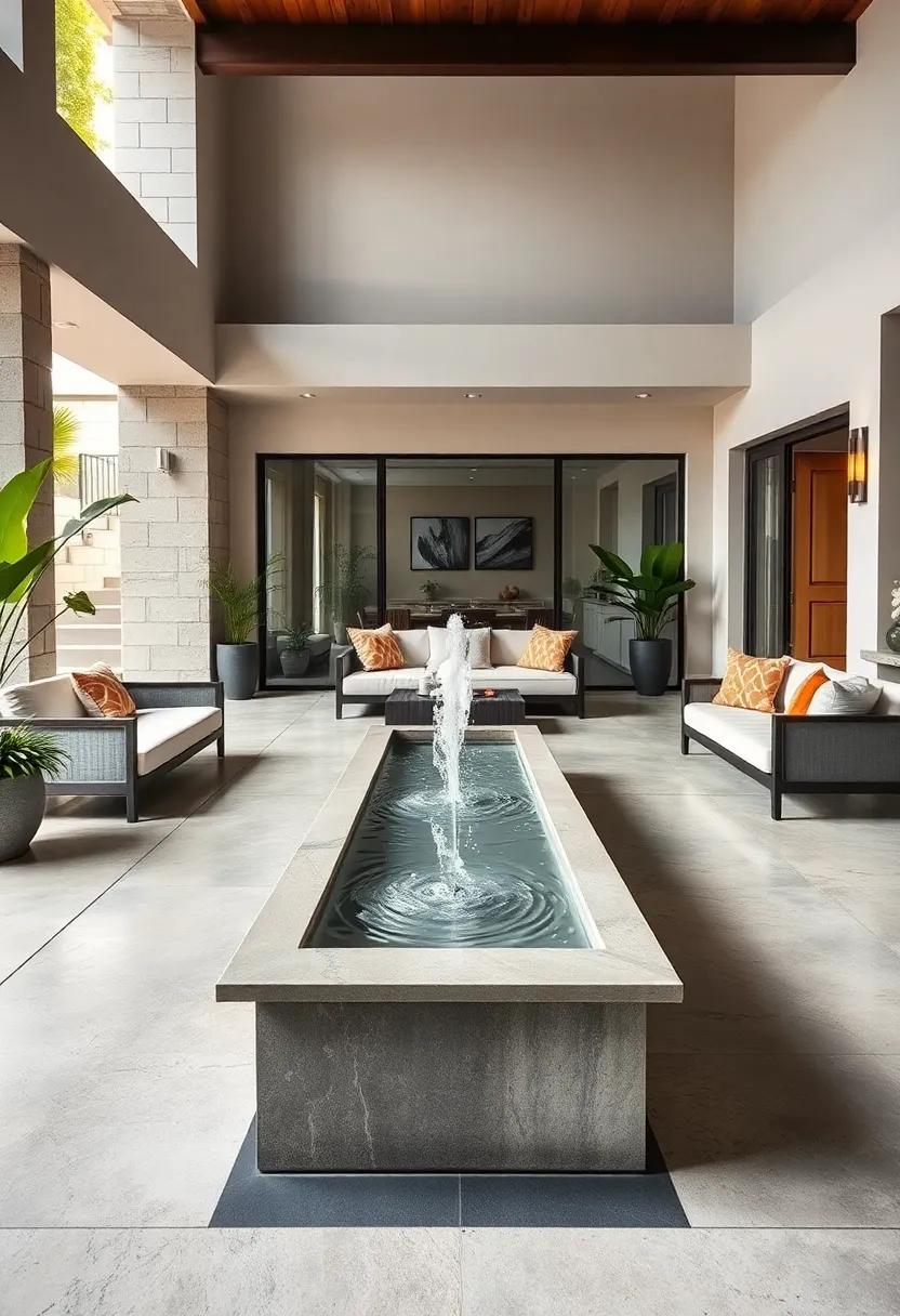 Contemporary Outdoor Lounge with Reflecting Pool Fountain Surrounded by Comfortable Low Profile Sofas