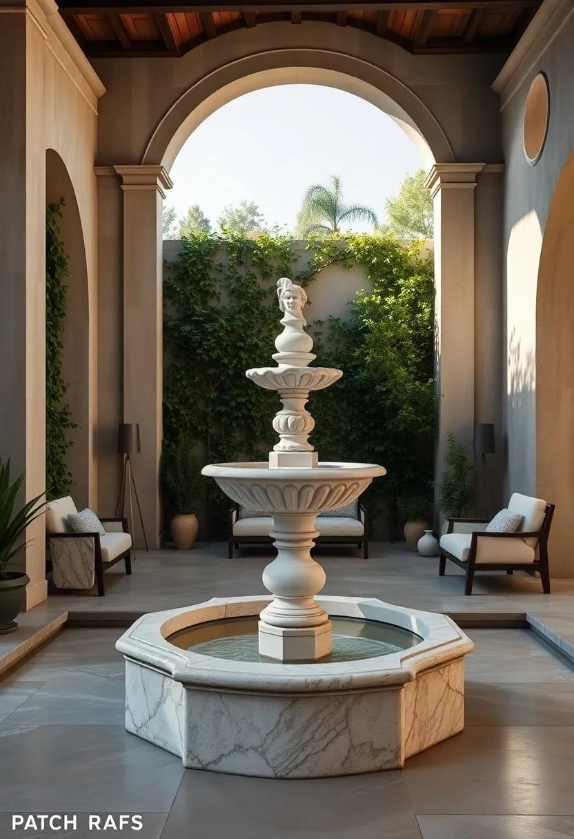 Elegant Classic Fountain Featuring White Marble Sculptures Placed Centrally in an Open Patio with Ivy Walls
