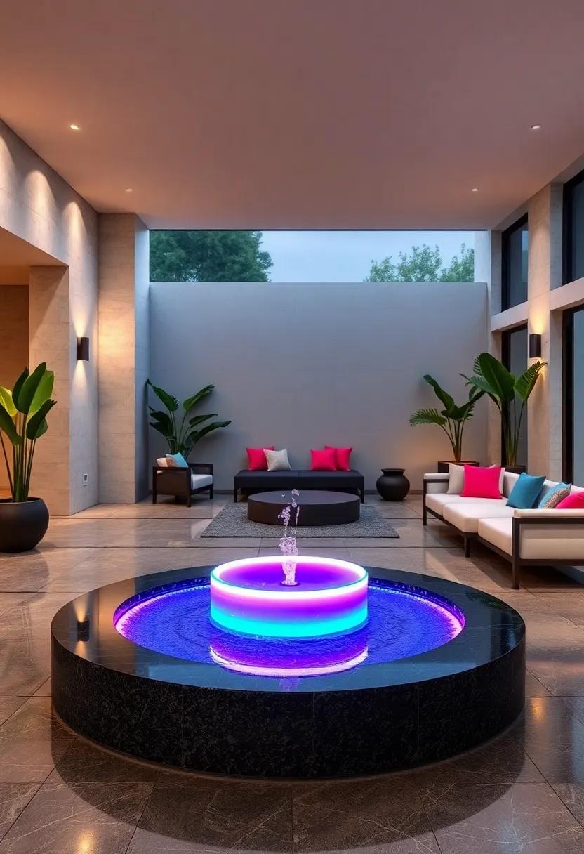 Futuristic Outdoor Lounge with LED Ring Fountain Embedded in Polished Black Granite and Neon Lights
