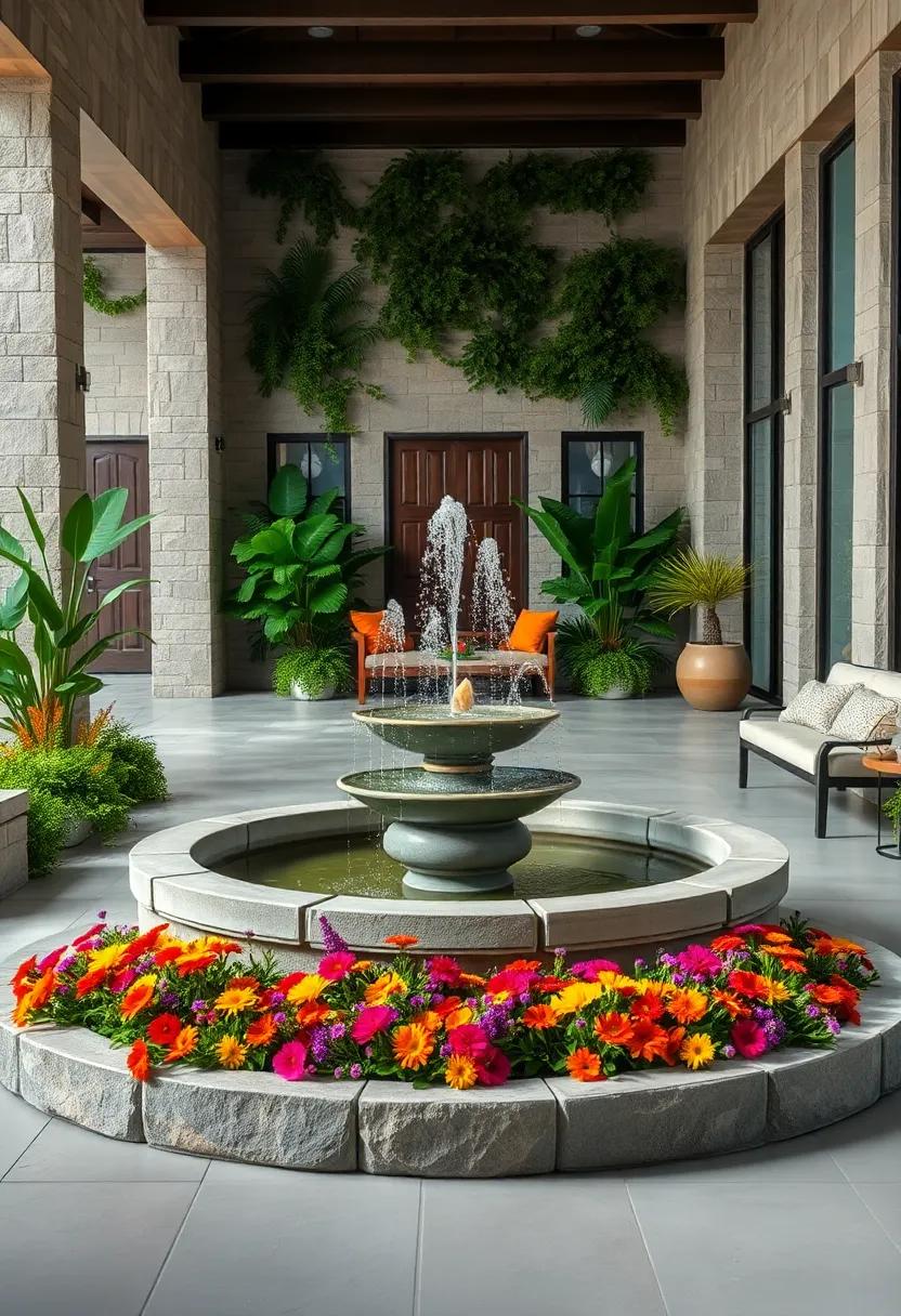 Lush Garden Escape Showcasing Multi-Spout Fountain Encircled by Colorful Wildflowers and Curved Benches
