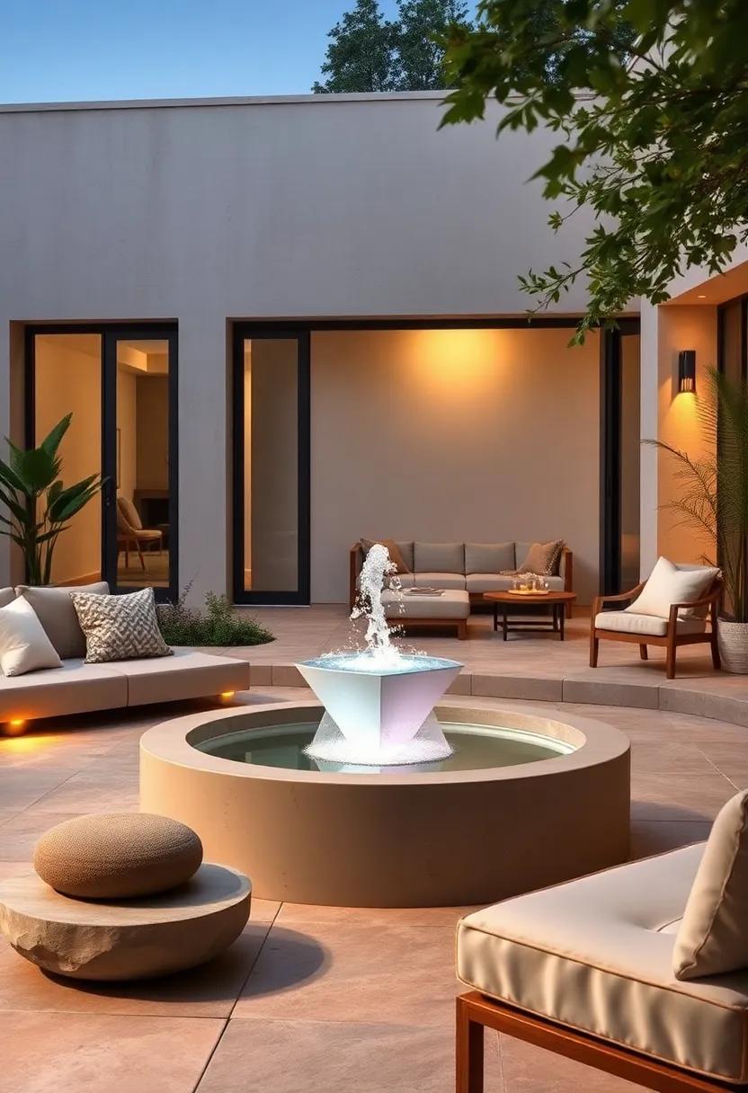 Modern Minimalist Patio Showcasing Sleek Geometric Fountain Amidst Smooth Stone Seating and Ambient Lighting