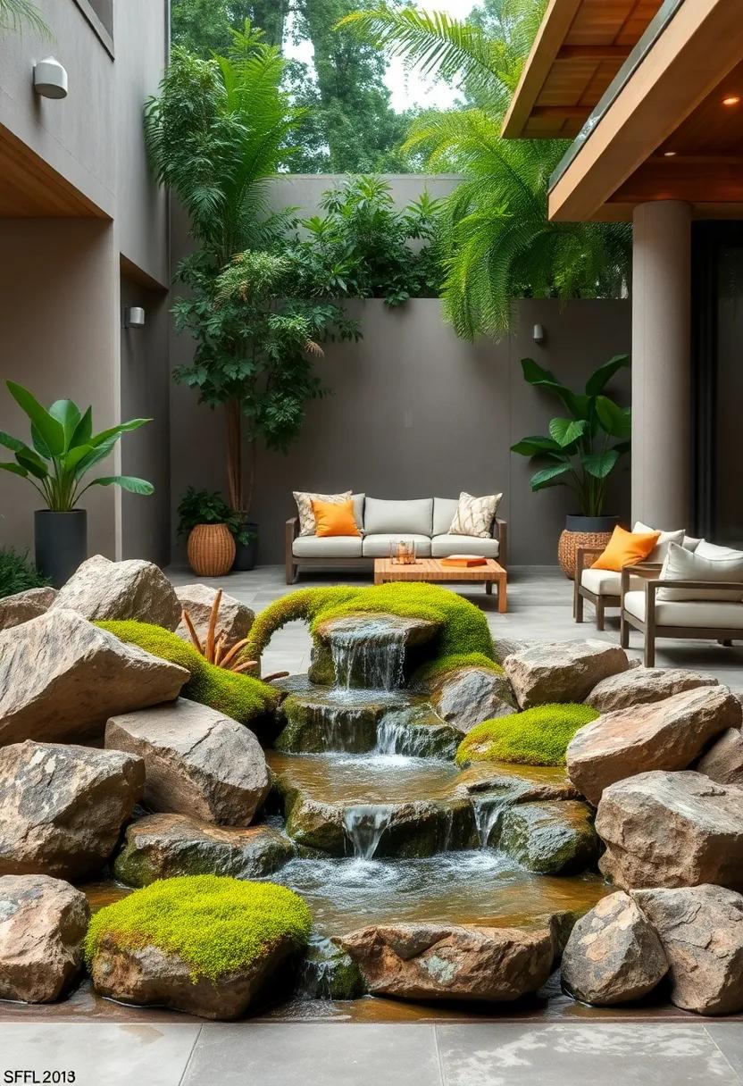 Naturalistic Waterfall Fountain Cascading Over Moss-Covered Rocks Creating a Peaceful Forest-Inspired Retreat