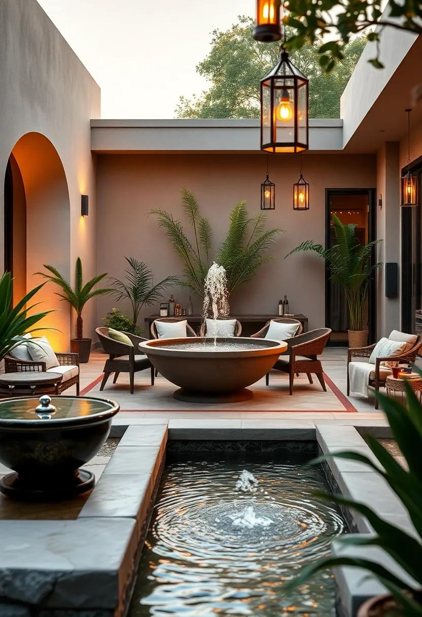 Outdoor Dining Space Framed by Gentle Bubbling Fountain and Hanging Lanterns for Warm Evening Atmosphere