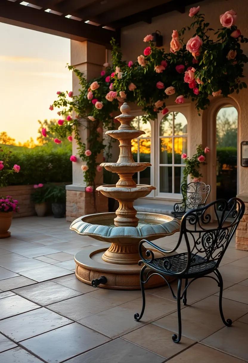 Romantic Sunset Patio With Ornate Stone Fountain Surrounded by Climbing Roses and Vintage Wrought Iron Chairs