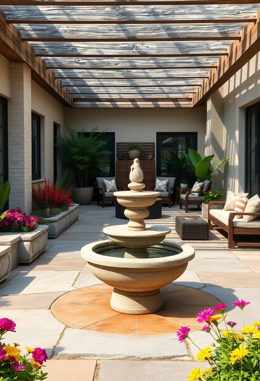 Rustic Charm with Stone Basin Fountain Complemented by Vibrant Flower Beds and Weathered Wooden Pergola