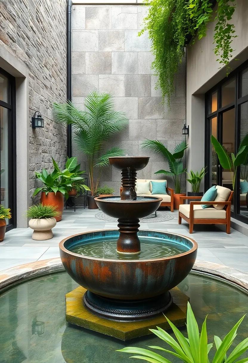 Rustic Industrial Patio With Metal Basin Fountain Mixing Weathered Steel and Vibrant Green Plant Life