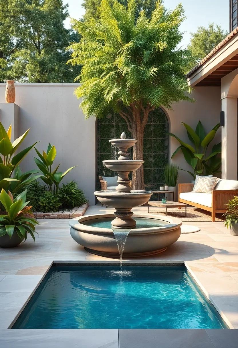Serene Backyard Oasis Featuring Elegant Tiered Fountain with Lush Greenery Surrounding Crystal Clear Water