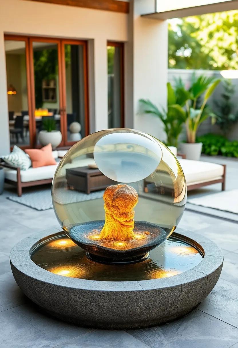 Sophisticated Glass Sphere Fountain Illuminated by Soft Underwater LEDs in a Sleek Concrete Patio Setting