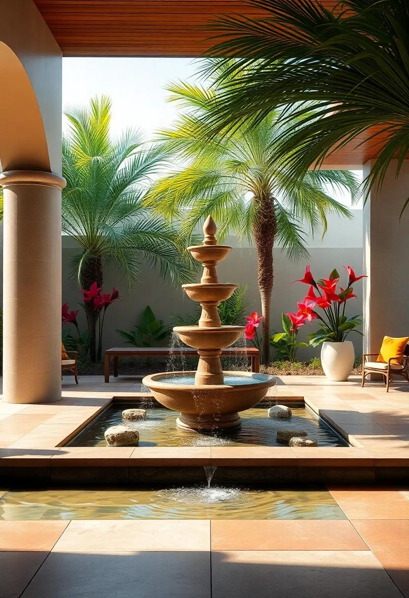 Tropical Paradise Scene with Multi-Level Fountain Fringed by Palm Trees and Exotic Bright Blooms