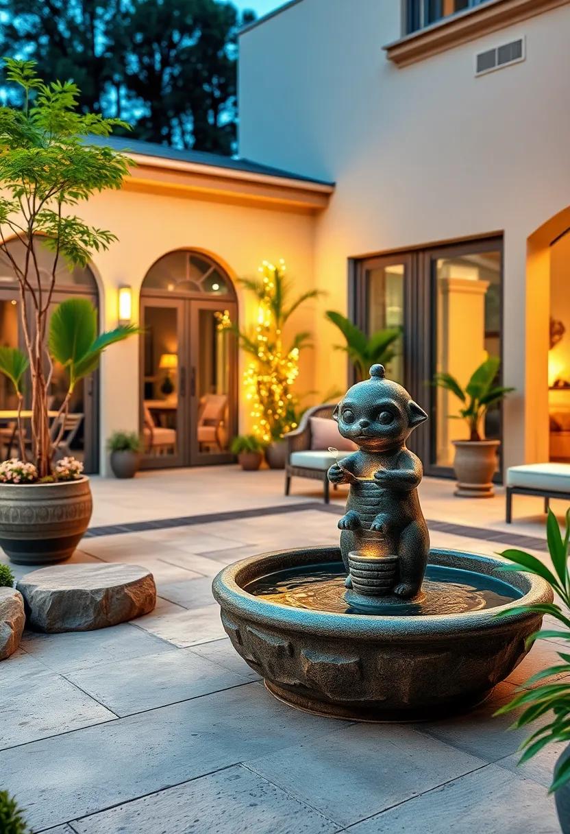 Whimsical Garden Patio with Playful Animal-Shaped Fountain Accented by Twinkling Fairy Lights at Dusk