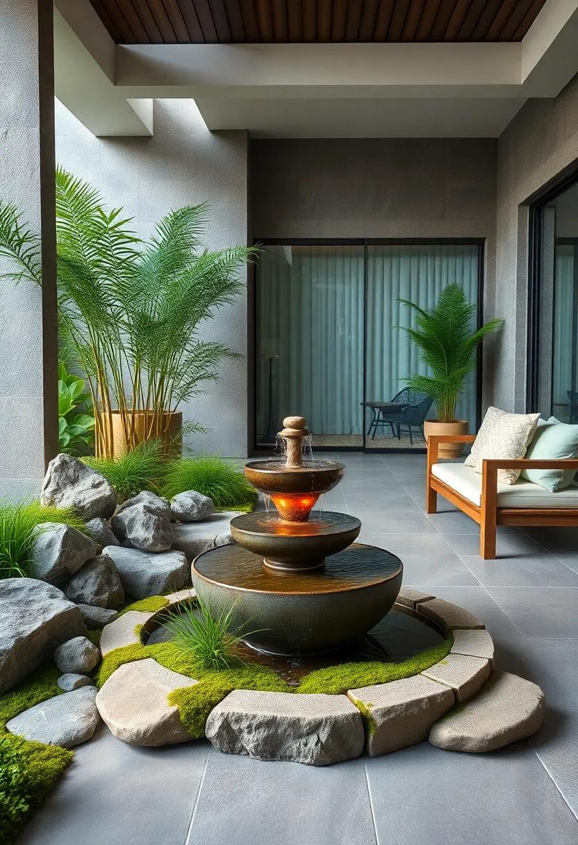 Zen Inspired Water Garden with Bamboo Spout Fountain Set Against Tranquil Rock Arrangements and Soft Moss