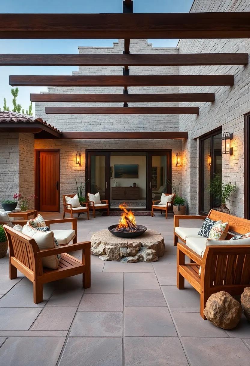 A Cozy Fire Pit Surrounded by Handcrafted Wooden Benches and Natural Stone Accents