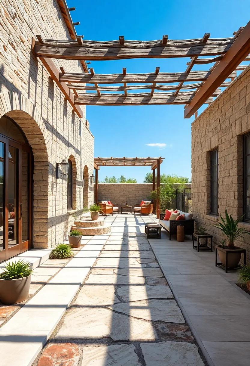 Curved Stone Pathway Winding Through Weathered Wood Pergolas Under a Clear Blue Sky