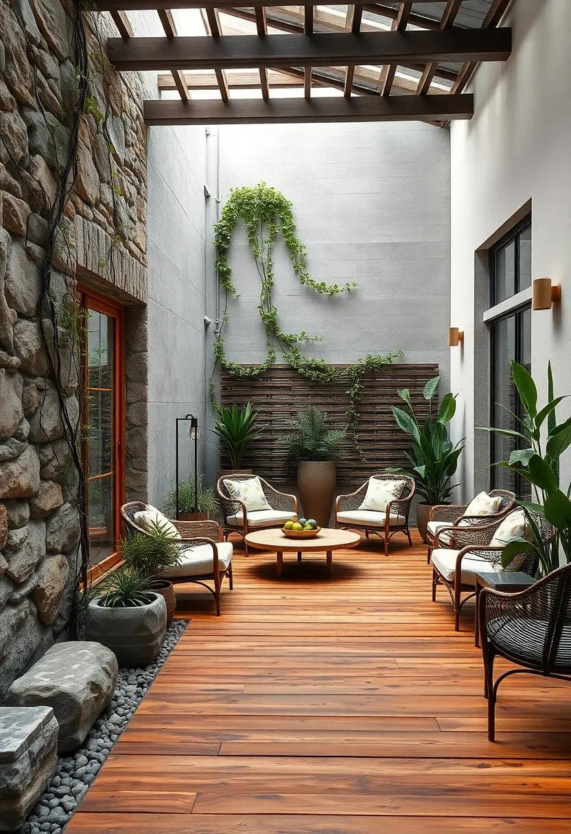 Delicate Vines and Moss Twining Through Gaps Between Stones and Along Wooden Planks