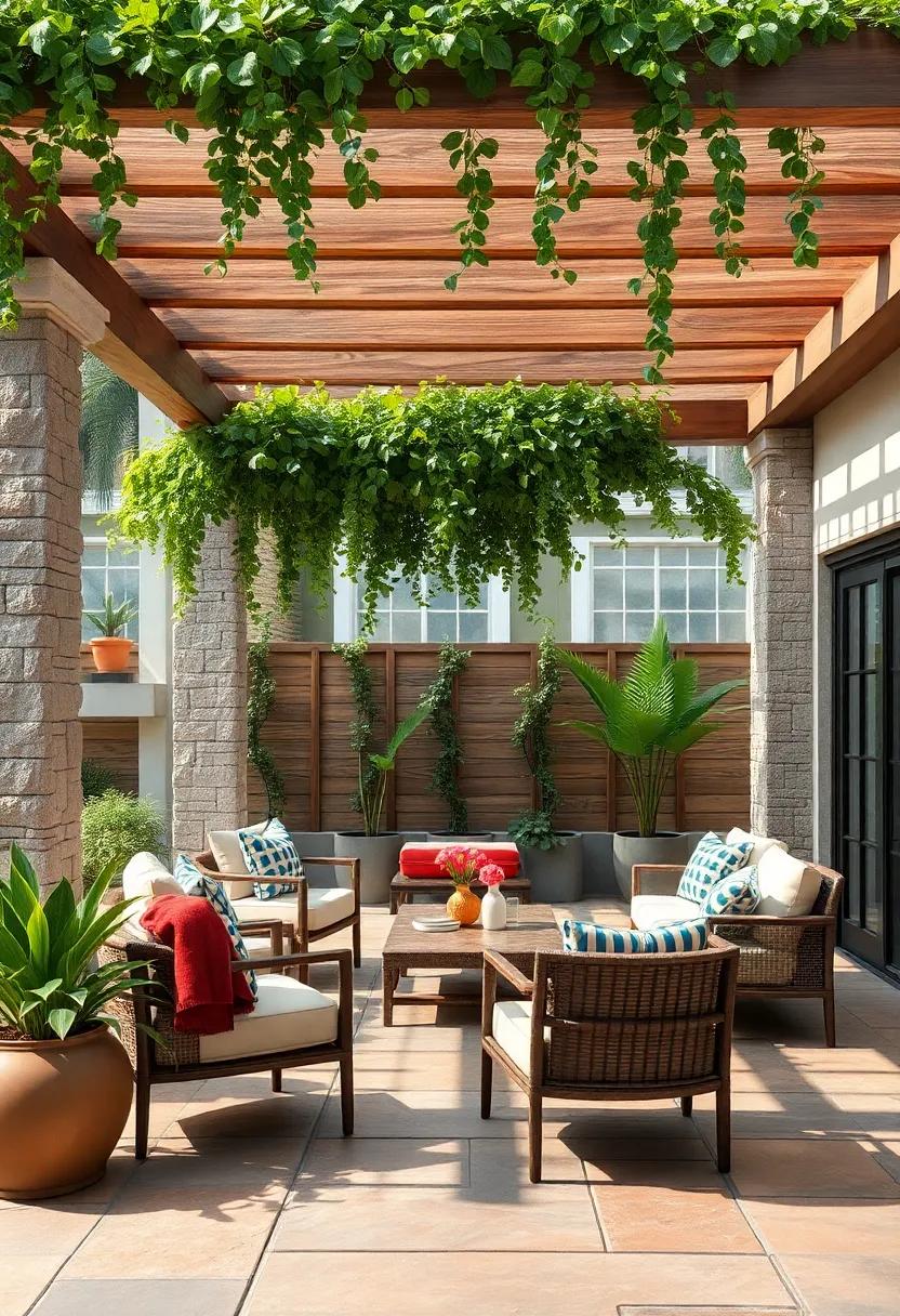 A Handcrafted Wooden Pergola Draped with Climbing Plants Above a Flagstone Patio