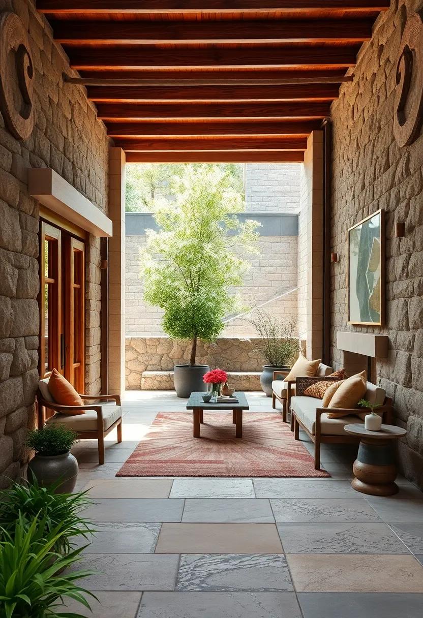 Intricate Wood Carvings Complementing the Natural Patterns of Fieldstone Surroundings