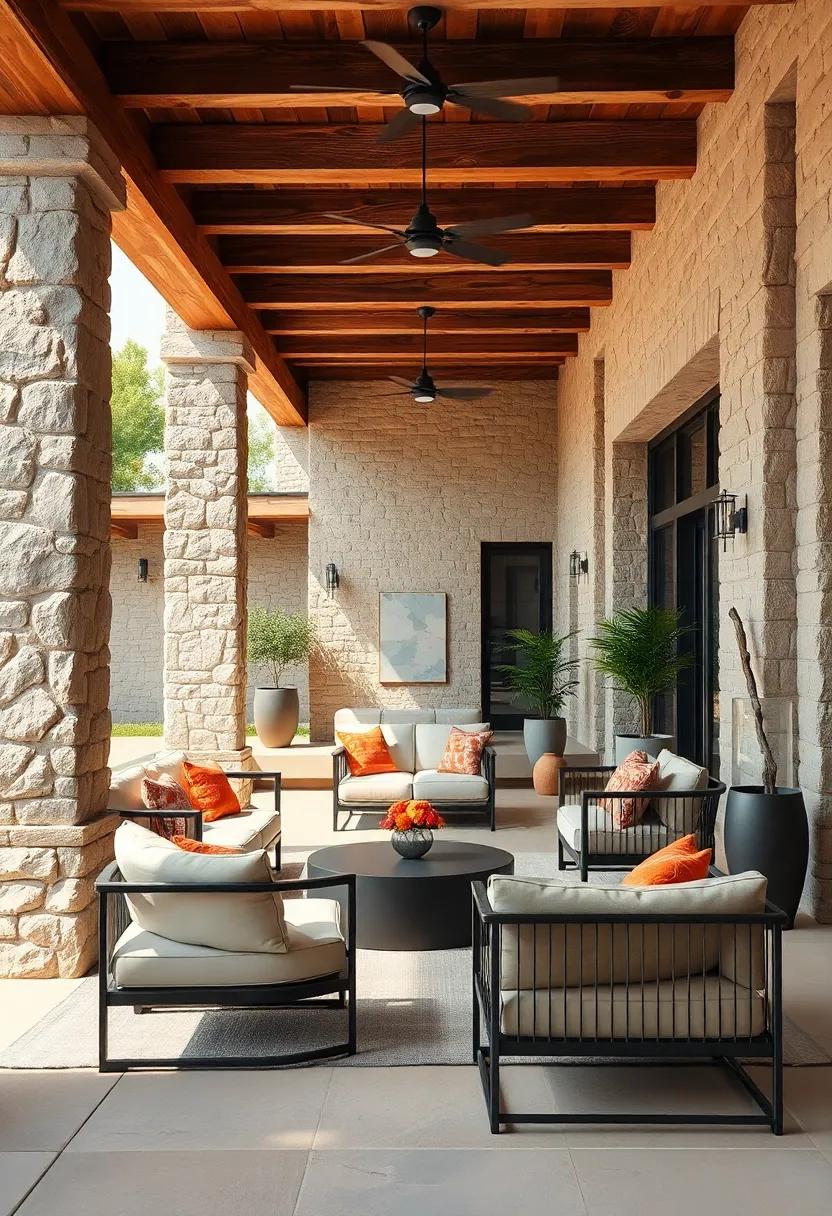 Juxtaposition of Modern Furniture Against Rustic Wood Beams and Stone Pillars