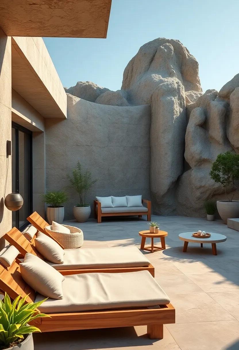 A Minimalist Retreat Featuring Sleek Wooden Loungers Set Against Rugged Stone Backdrops