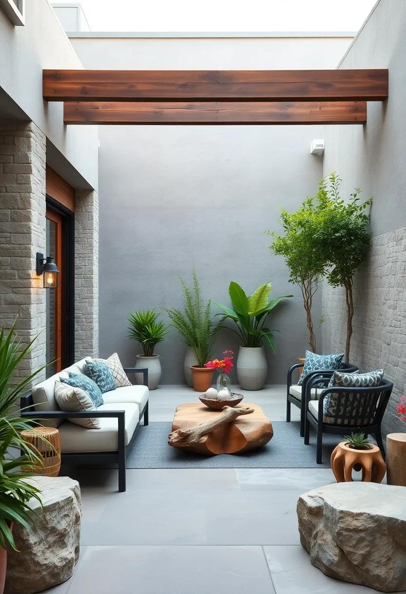 A Naturalistic Outdoor Space with Driftwood Accents and Weathered Stone Seating Areas