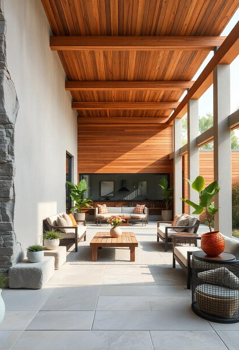 Open-Air Lounge Area Combining Rough-Cut Stone Blocks and Smoothly Sanded Cedar Wood