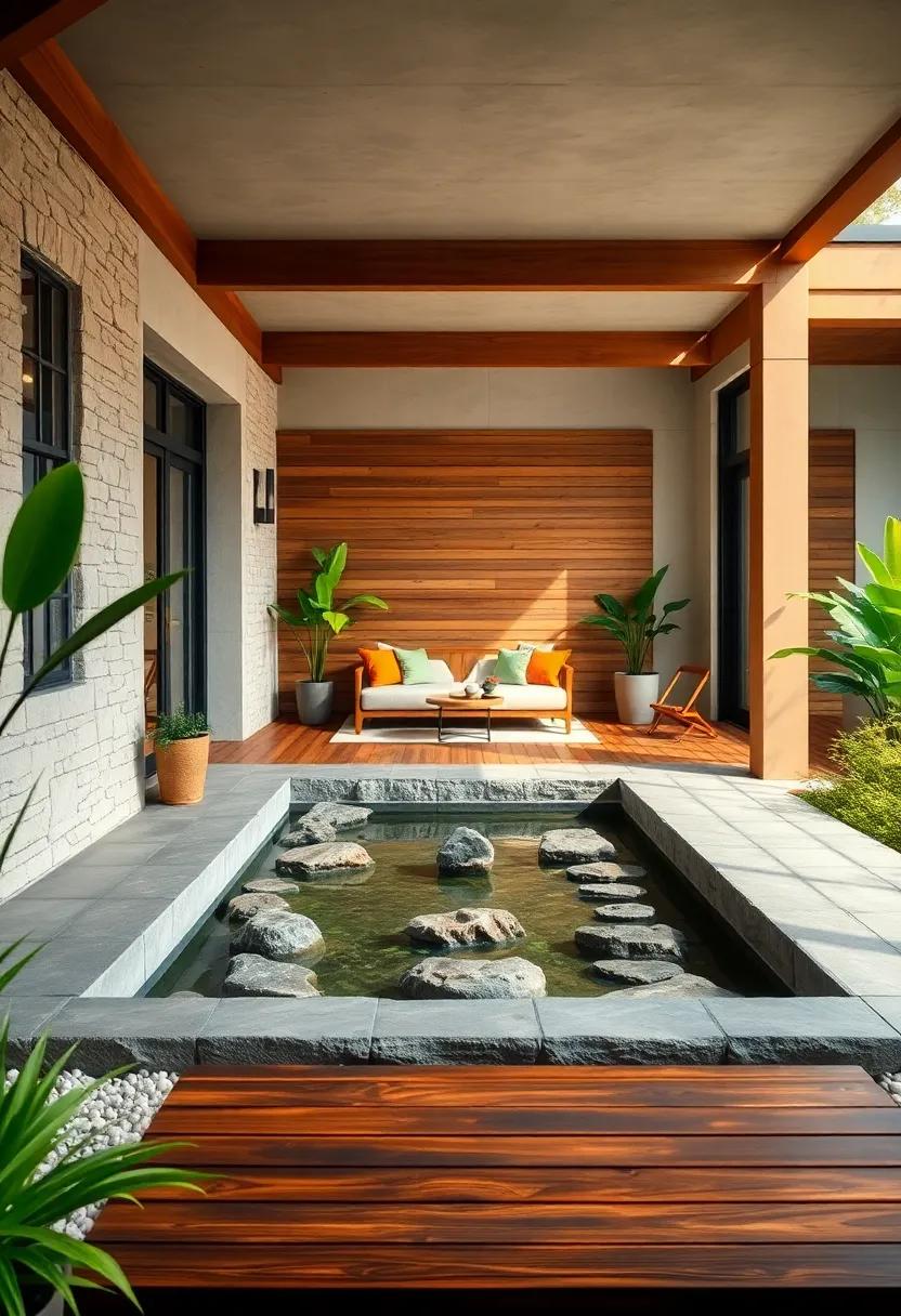 A Peaceful Water Feature Framed by Stone Borders and Wooden Decking in a Garden Nook